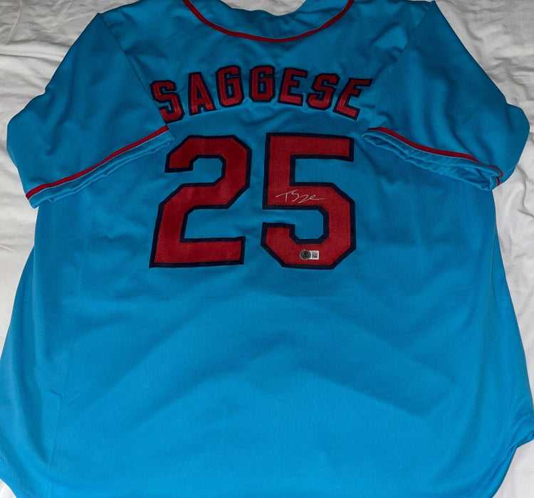 Thomas Saggese Cardinals Auto Signed Custom Blue Jersey Beckett Wit Hologram .